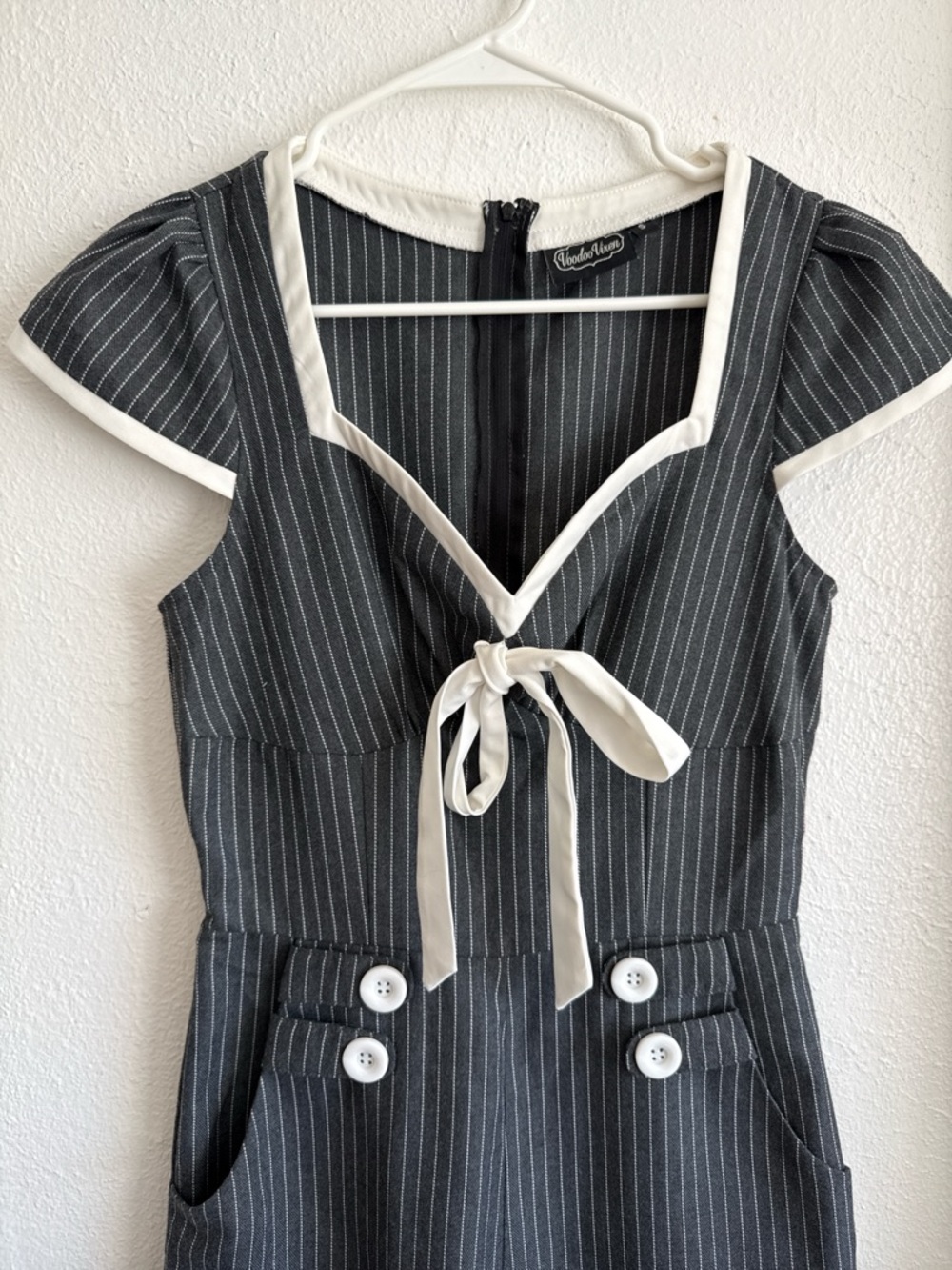 Voodoo Vixen Black Pinstripe Tie-Front Jumpsuit with Cream Trim - Picture 2 of 8